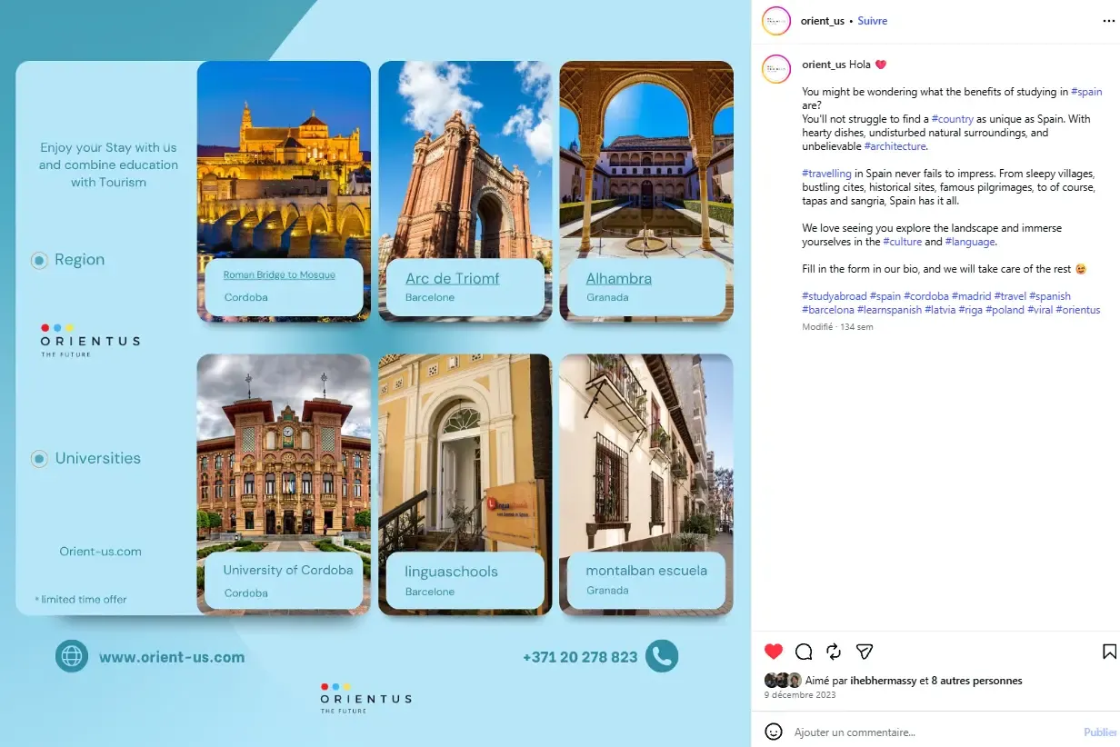 Orient-US Spain study and tourism social media post created by Eya